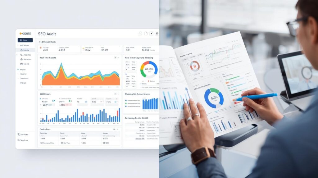 Comparison of White Label SEO Audit Tools vs Services: automated dashboards with SEO metrics on left, expert review and strategic insights on right for agencies.