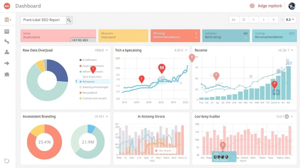 Dashboard highlighting common mistakes in white label SEO reports: raw data overload, missing recommendations and inconsistent branding for agencies.