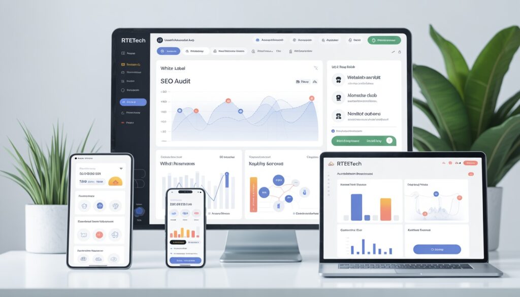 White Label SEO Audit Tool dashboard showing automated SEO reports, keyword rankings and client-branded insights by RTeetech.